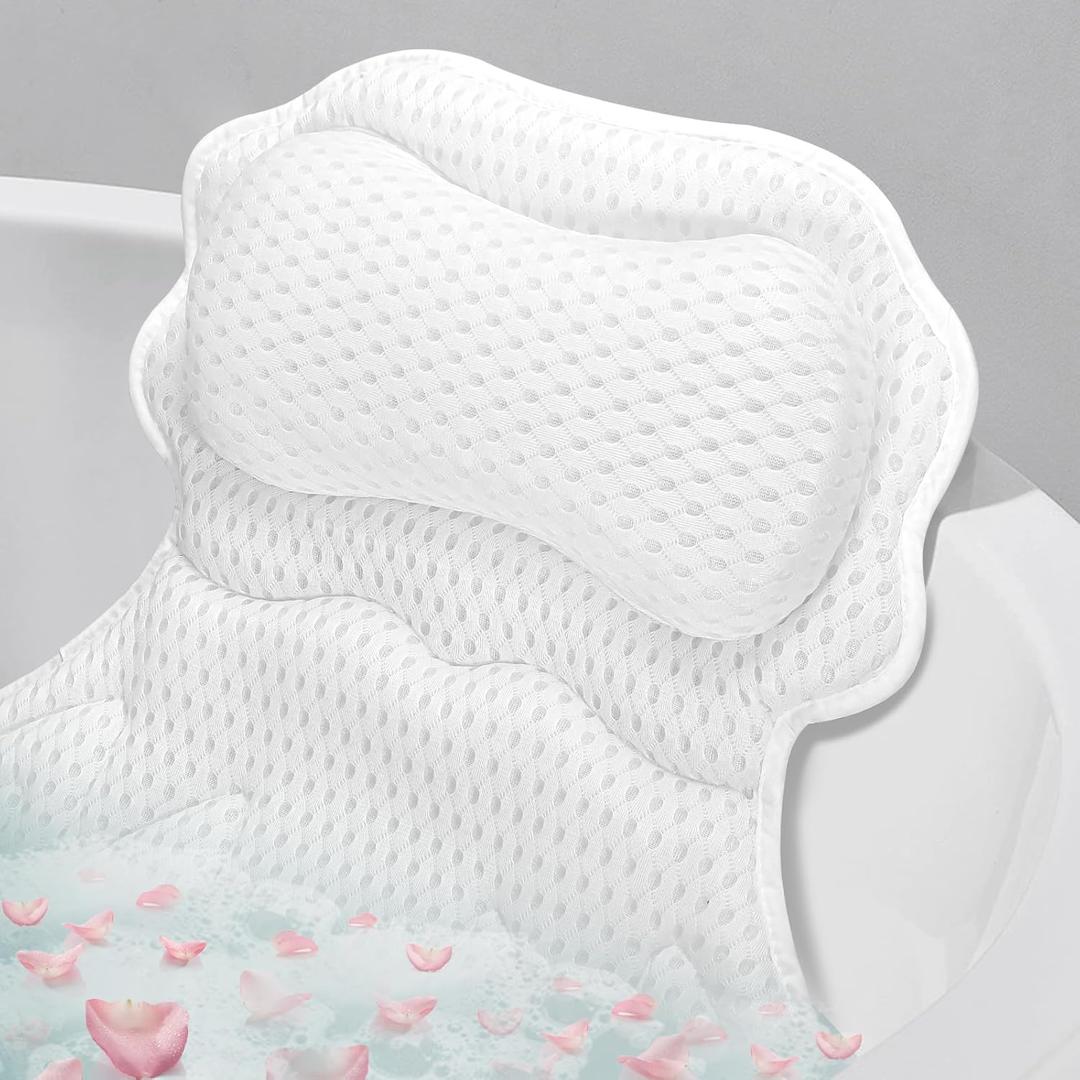 SetSail Bath Pillow, Relaxing Bath Pillows for Tub Neck and Back Support Soft 4D Breathable Air Mesh Ergonomic Bathtub Pillow with 6 Strong Suction Cups and Hook Luxury Bathroom Accessories, White