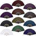 durony 12 Pieces Sequin Fabric Folding Fans Peacock Hand Fans Flower Lace Fans Handheld Folding Fans for Women, Multicolor