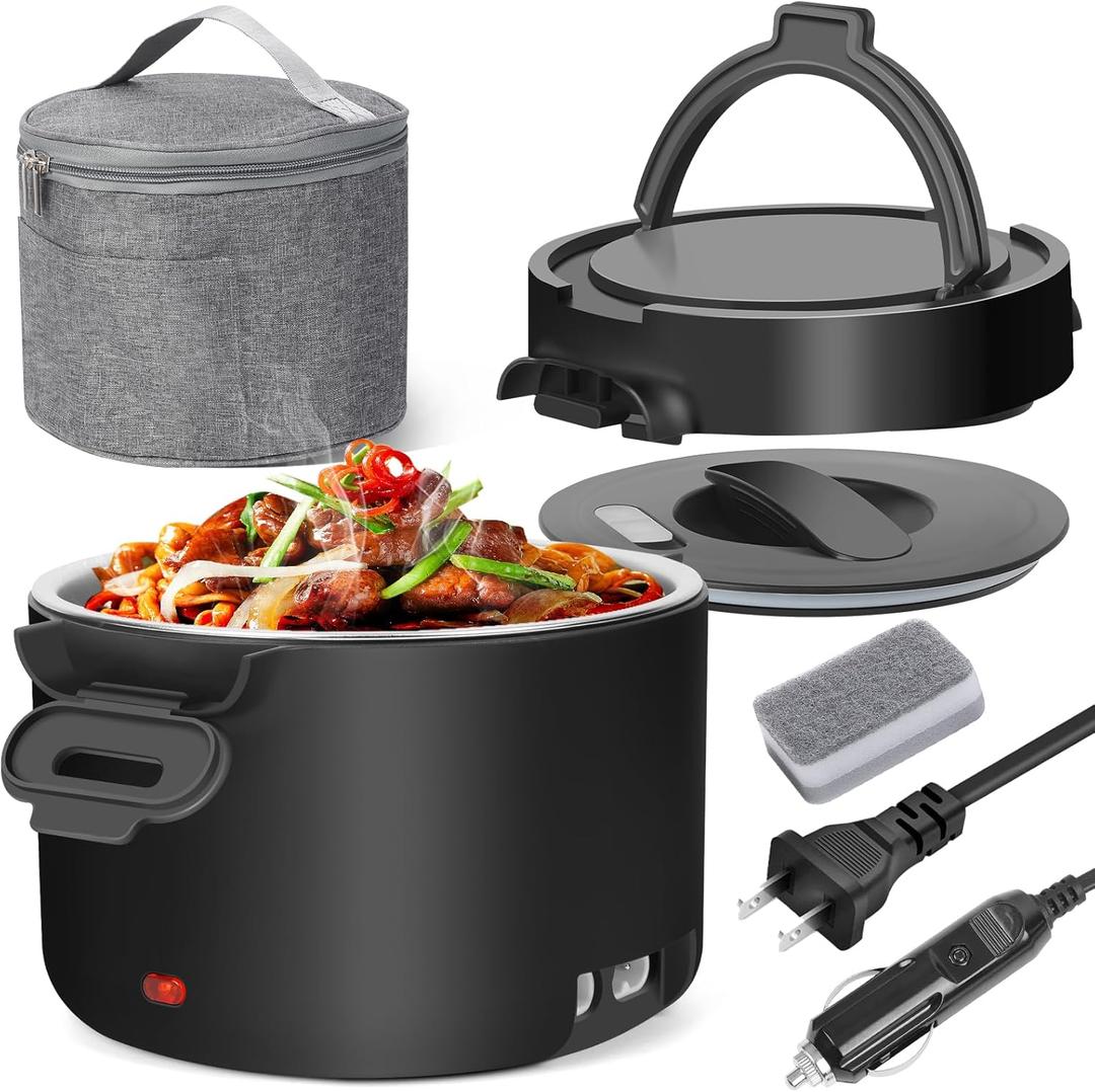Electric Lunch Box for Men, 1L/34oz 100W Portable Food Warmer Leak-proof Food Heater for Adults 12V/24V/110V for Car/Truck/Office/On-the-Go Travel Black