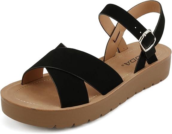 Soda CHESTER ~ Women Flat Sandals Flatform Ankle Buckle Criss Cross Band Straps Sandals Shoes 8.5, Black