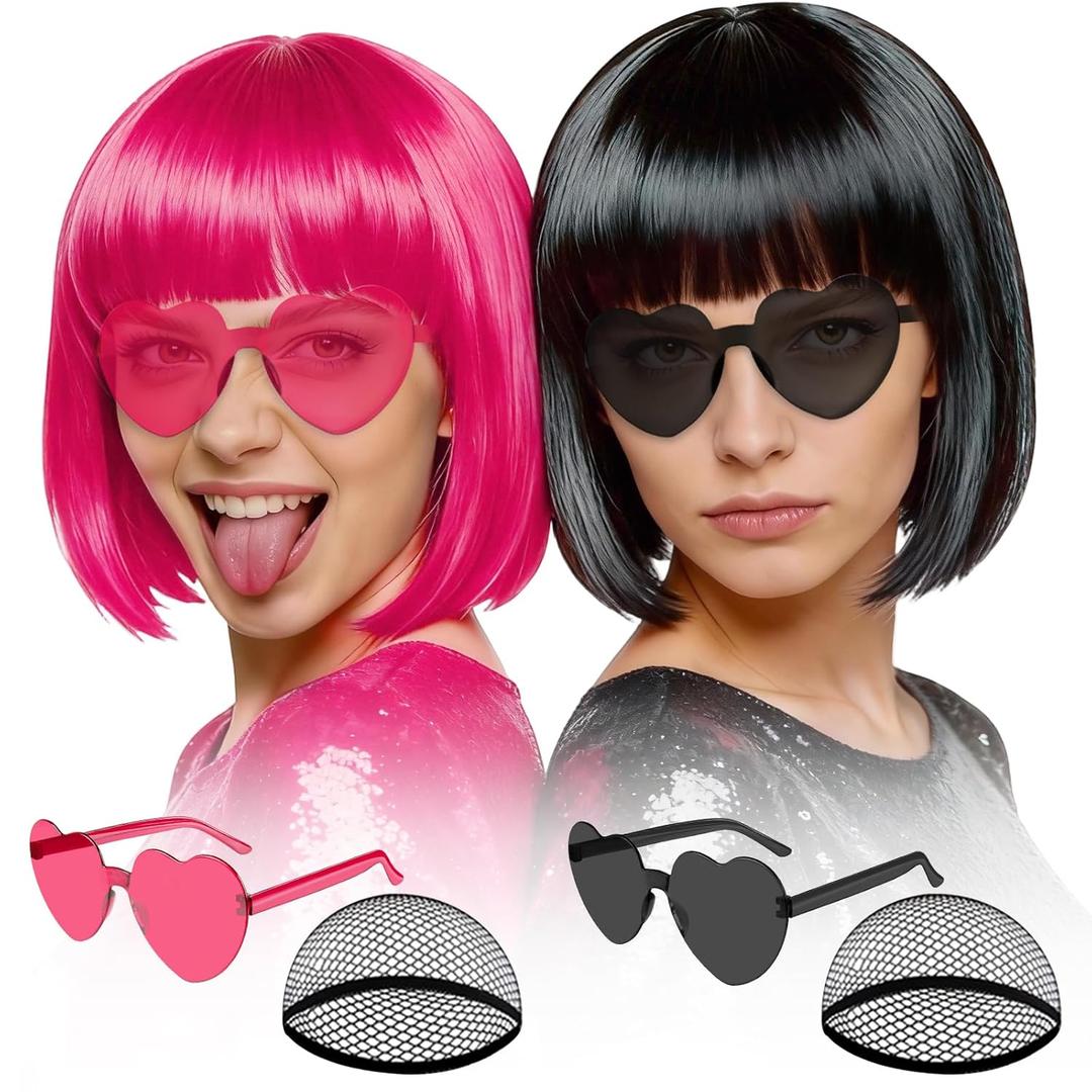 MEEZY 2 Pcs Colored Bob Wigs with Bangs Black Hot Pink for Women Colorful Neon Fun Wig Short Bob Hair with Heart Sunglasses Hair Cap for Halloween Costume Cosplay Birthday Bachelorette Party Supplies