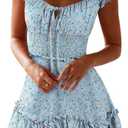 YOBECHO Womens Summer Ruffle Sleeve Sweetheart Neckline Printing Dress Mini Dresses (Medium, A-light Blue)