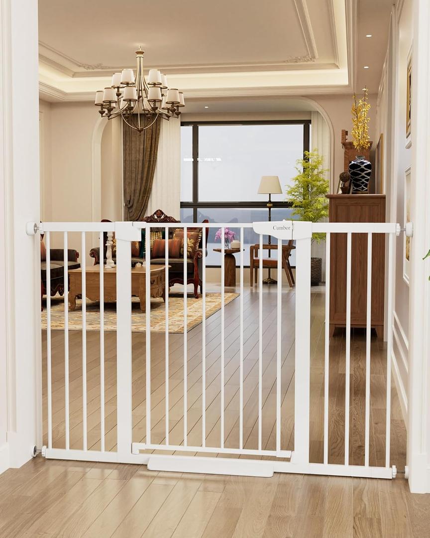 Cumbor 36" Extra Tall Baby Gate for Stairs, 29.7-54.2" Extra Wide Dog Gate for Doorways Hallways, Pressure Mounted Child Gate for Wide Opening, Auto Close Personal Safety for Babies and Pets, White (29.7-54.2"W x 36"H)