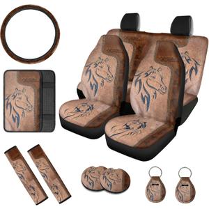 12 Pieces Car Seat Cover Full Set, Horse Print Automotive Accessories, Front Seat and Back Bench Seat Covers Steering Wheel Cover Seat Belt Pads Armrest Pad Cup Mat and Key Chain