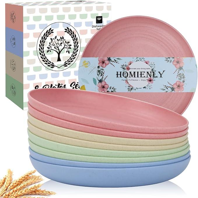 Homienly Wheat Straw Plates Set of 8, Reusable Lightweight and Unbreakable 9 inch Plates, Premium Microwave and Dishwasher Safe Plates for Kitchen, Camping, Picnic, Party - GreyStone