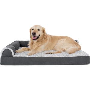 Furhaven Orthopedic Dog Bed for Large Dogs w/ Removable Bolsters & Washable Cover, For Dogs Up to 95 lbs - Two-Tone Plush Faux Fur & Suede L Shaped Chaise - Stone Gray, Jumbo/XL