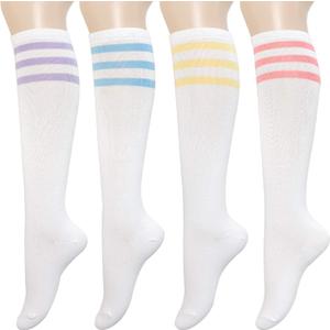 KONY Women's Cotton Knee High Socks - Casual Solid & Striped Colors Fashion Socks 3 Pairs (Womens Shoe Size 5-9) (Medium, Triple Stripe White)