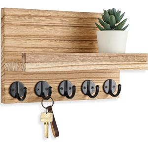 Key Holder for Wall, Decorative Key and Mail Holder with Shelf Has Large Key Hooks for Bags, Coats  Paulownia Wood Key Hanger with Mounting Hardware (9.8W x 6.7H x 4.2D) (Burnt Wood)