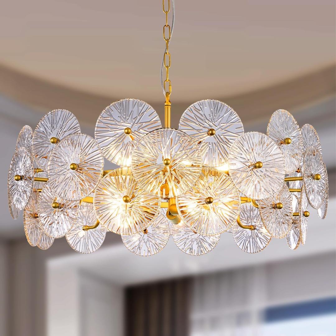 TOCHIC Modern Glass Chandelier 32.67", 3 Tiers Large Gold Ceiling Light Fixtures for Dining Room, Farmhouse Foyer Chandeliers Round Pendant Hanging Light for Living Room, Kitchen Island, Bedroom, 32.7 Inch