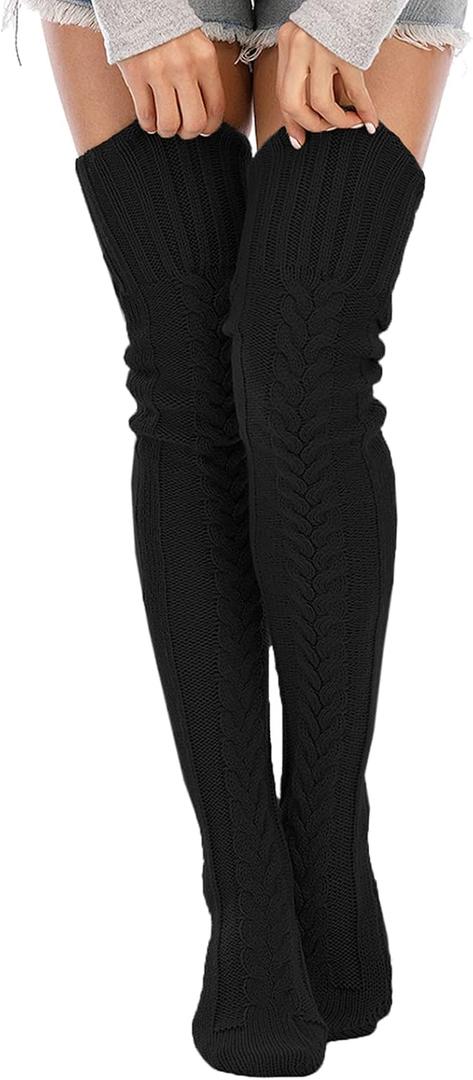 SherryDC Women's Cable Knit Thigh High Socks Winter Boot Stockings Extra Long Over Knee High Leg Warmers (Black)
