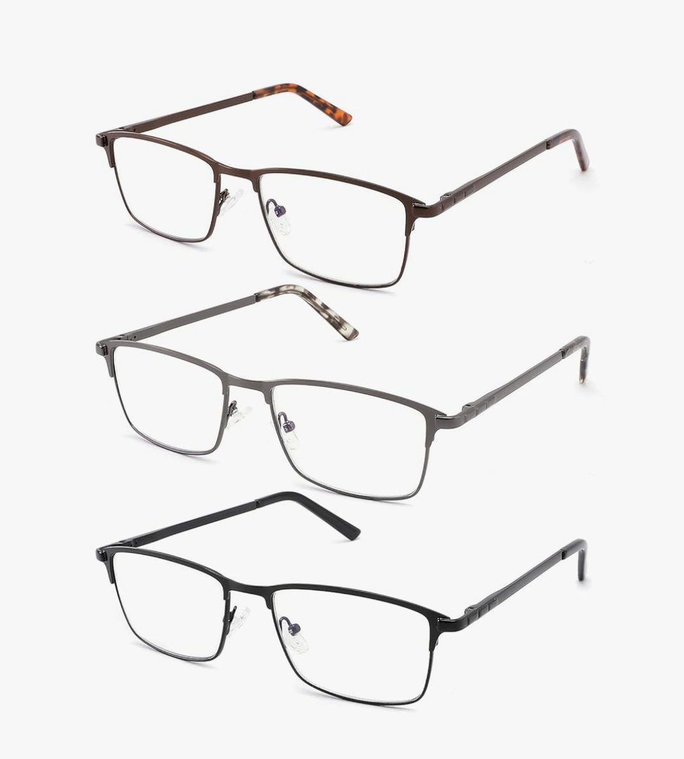 CRGATV 3-Pack Reading Glasses for Men Blue Light Blocking Metal Full Wide Frame Computer Readers 1.75