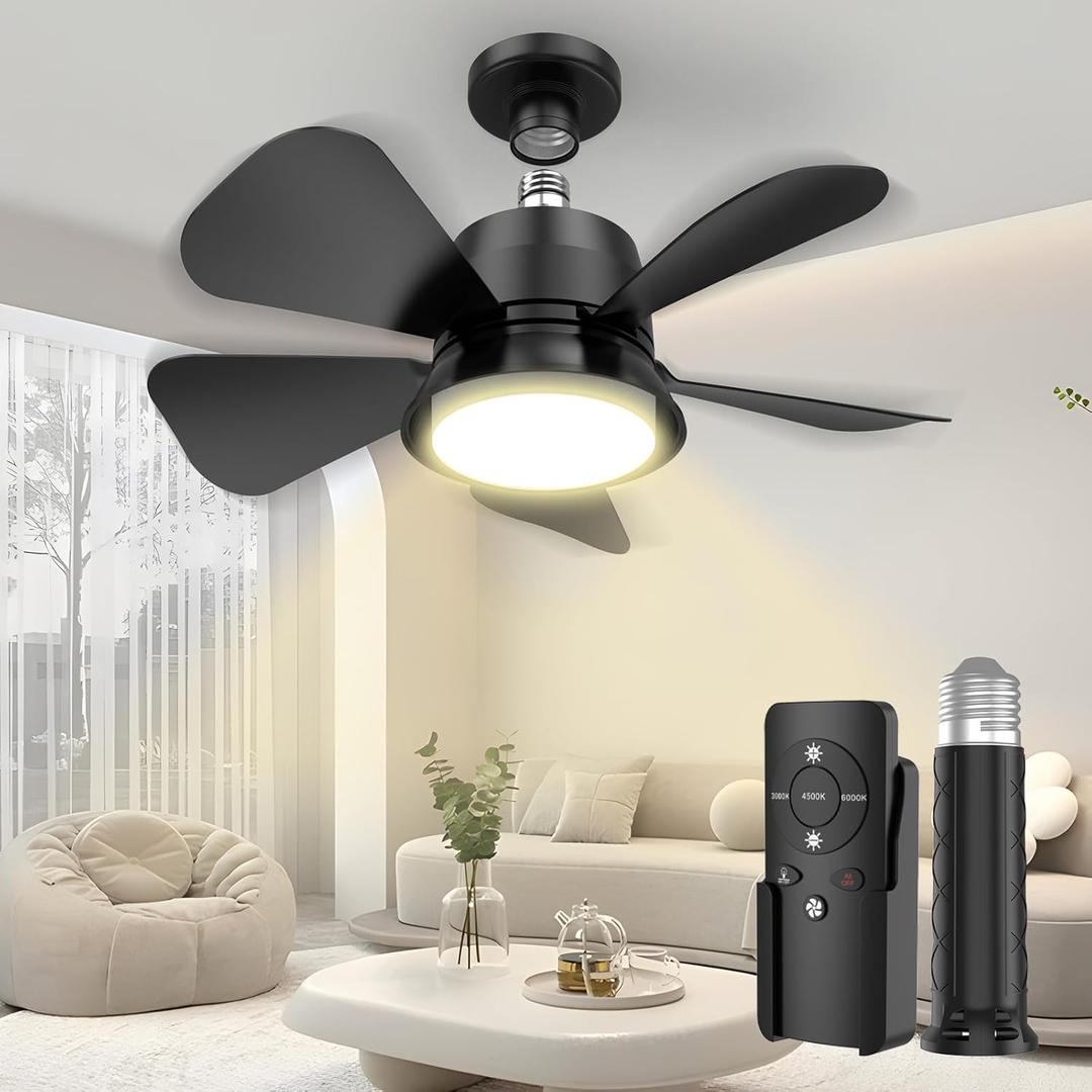 Socket Ceiling Fans with Lights and Remote, 3000K-6500K Socket Ceiling Fan Light Ceiling Fans, 3-Speed Ceiling Fan for Bedroom Living Room Kitchen (Glossy Black)
