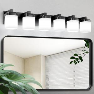Guliaofo 6-Light Black Bathroom Light Fixtures, E26 Base Vanity Lights for Bathroom Mirror Lamp with Milky White Square Glass Shade, Modern Wall Sconce Light Kitchen Light Fixtures Led Vanity