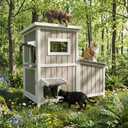 Outdoor Cat House for 2-3 Cats, 2-Story Weatherproof Wooden Cat Shelter with Feeding Station, Openable Asphalt Roof, 3 Rooms & 3 Escape Doors Gray