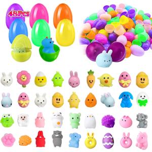 2 x 48Pcs Prefilled Easter Eggs with Animal Mochi Squishy Stress Relief , Kawaii Easter Basket Stuffers, Party Favors, Classroom Prizes (Multicolor 48Pcs)