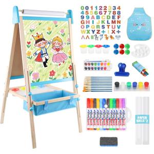 Wooden Easel for Kids, Adjustable Kids Art Easel, Learning Toy for Boys and Girls Ages 3-4 4-8 8-12, Wooden Blackboard & Magnetic Whiteboard and Drawing Paper Holder, 2 Drawing Paper Roll
