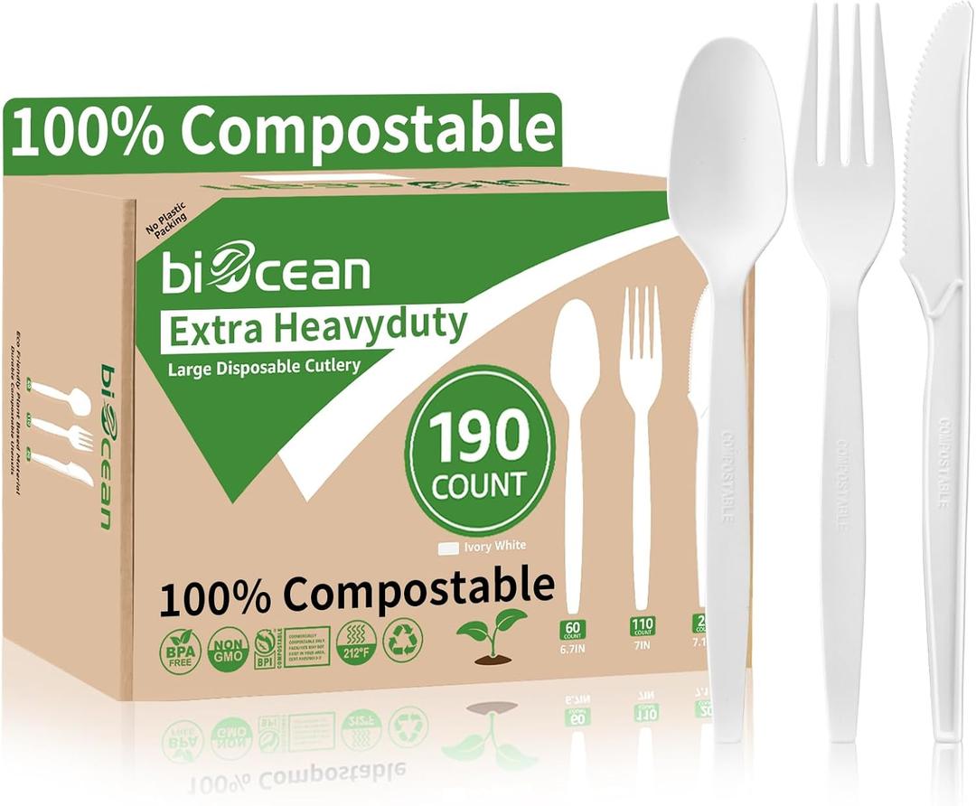 Extra Heavyduty Compostable Cutlery Set - 190 Count Large Disposable Utensils No Plastic Forks Spoons Knives Biodegradable Fork Eco Friendly Silverware for Party, BBQ, Daily Use, Events, Picnic