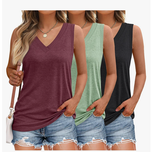 SUNBS 3 Pack Tank Top Women 2025 Sleeveless V Neck Summer Causal Loose Fit Tops Basic Flowy Dressy Cute Long Shirts Outfits, Size Medium