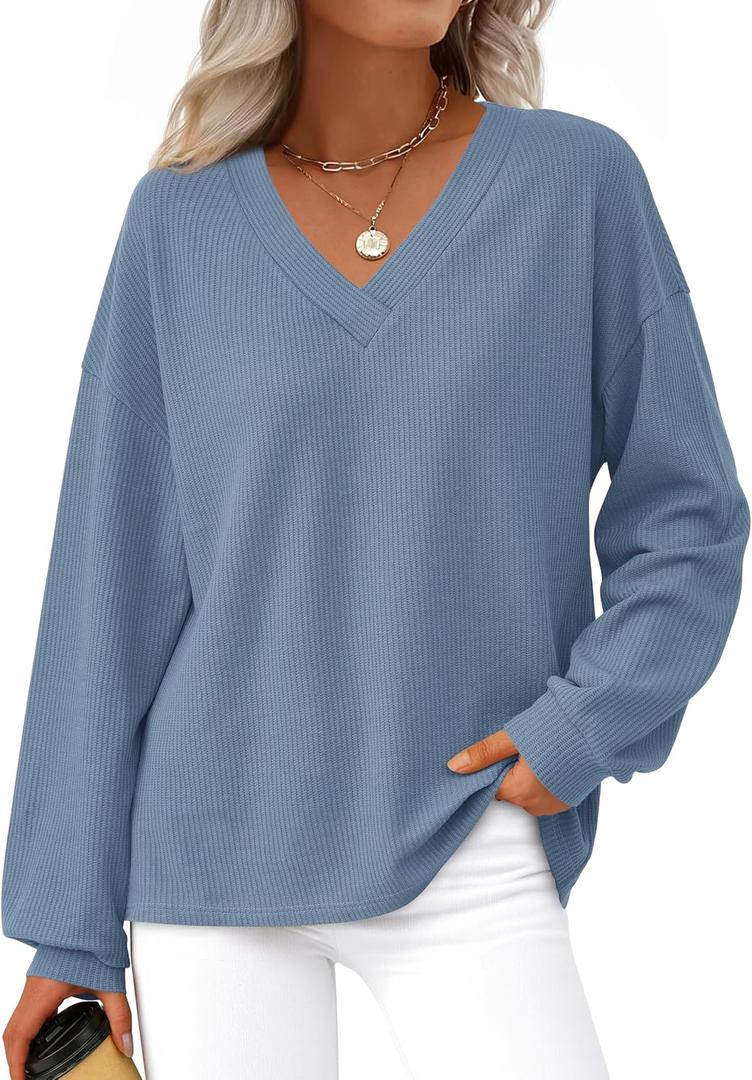 MASCOMODA Womens Tops Casual V Neck Waffle Knit Long Sleeve Shirts Trendy Loose Tunic Pullover Work Blouses Fall Outfits (Blue, L)