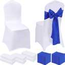 Mepase 100 Pcs White Chair Covers Set with 50 Stretch Spandex Chair Covers 50 Chairs Sashes Bows Universal Fitted Cover Removable Washable for Wedding Party Dining Banquet(White, Royal Blue)