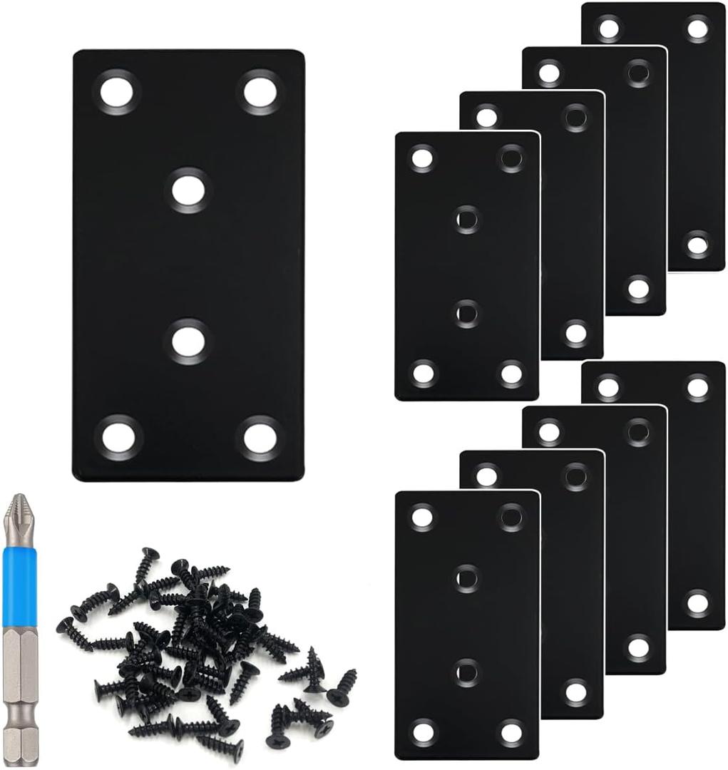 QSJ 8 Pack Black Flat Mending Plate 3.15x1.57'', Stainless Steel Bracket, Straight Metal Brace Bracket, Fixing Joining Plate for Wood Furniture Fastening & Fixing