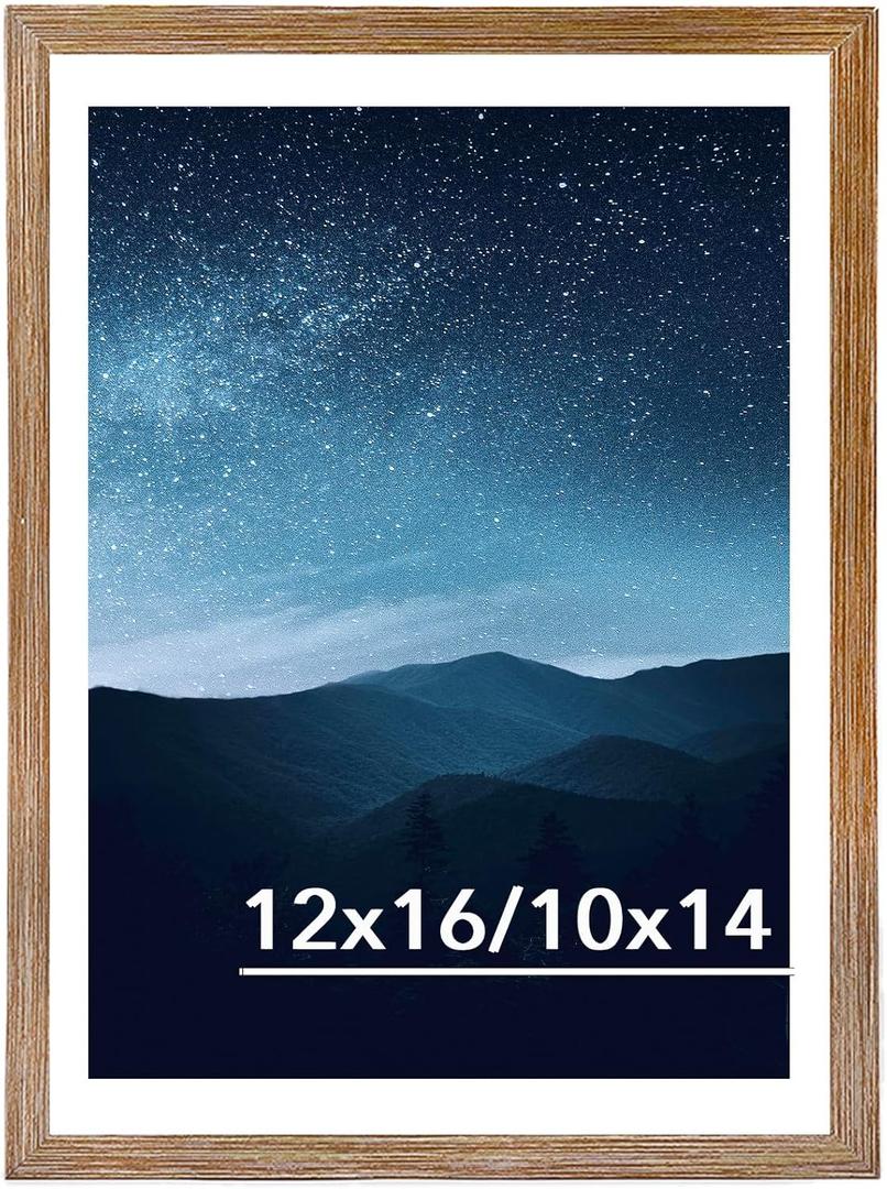 JCJMY 12x16 Picture Frame with 10x14 Mat for 30 x 40cm Diamond Art Painting, Display Photo 10x14 with Mat or 12 x 16 Without Mat, Wall Hanging Large Frame with Durable Plexiglass, Rustic Brown