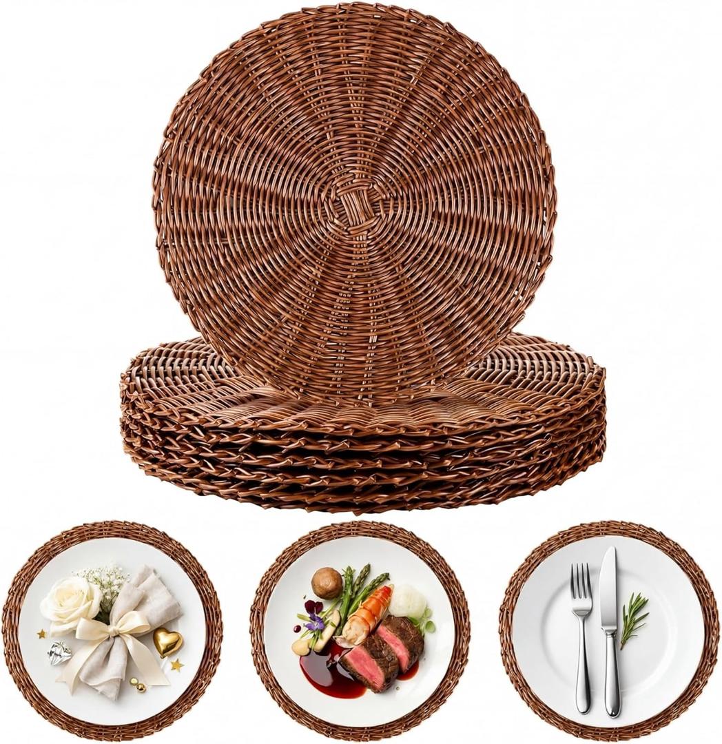 Round Rattan Placemats Set of 6 Boho 15 Inch Plastic Wicker Woven Table Mats Rattan Charger Plates Washable Non Slip Place Mats for Dinner Table Setting Rustic Brown Wedding Party Decoation