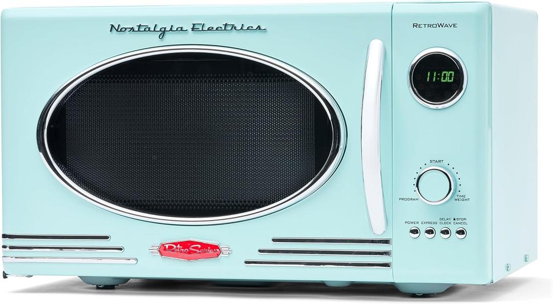 Nostalgia Retro Countertop Microwave Oven - 800-Watt - 0.9 cu ft - 12 Pre-Programmed Cooking Settings - Digital Clock - Kitchen Appliances - Aqua