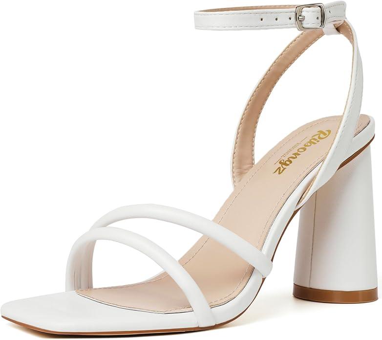 RIBONGZ Block Heels Prom Heeled Sandals for Women Chunky Square Open Toe Strappy High Heels Ankle Strap Wedding Bridal Shoes High Heel Sandals for Party Dress, White, US 6.5