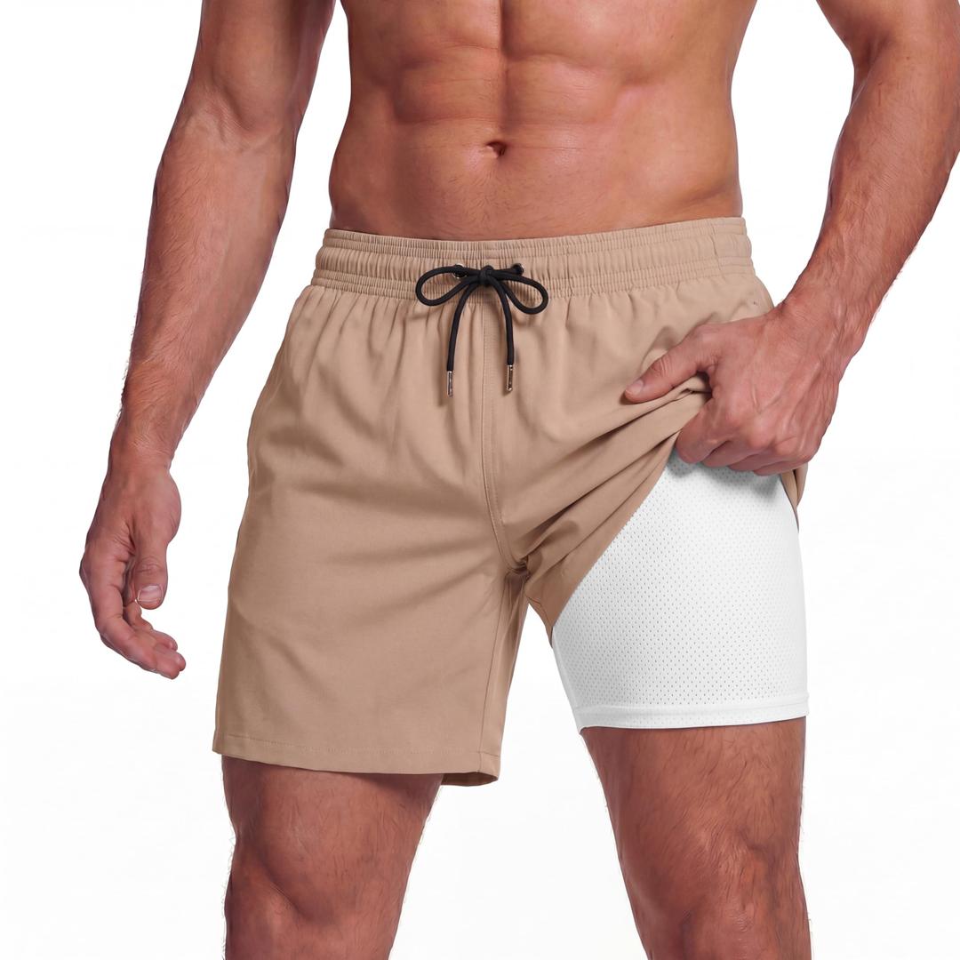 BRISIRA Mens Swim Trunks 5 Inch Quick Dry Bathing Suit with Compression Liner Beach Swimsuit Board Shorts Pockets Light Khaki XL