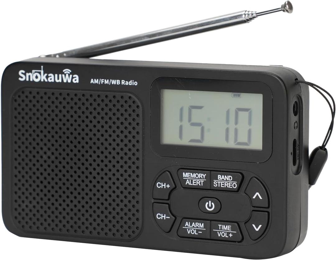 Snokauwa AM FM Radio, Portable Emergency Weather NOAA Radio, Small Digital Radio with Dual Mode Storage, Digital Tuner, Sleep Timer, Wall Plug and Battery Powered (Black)