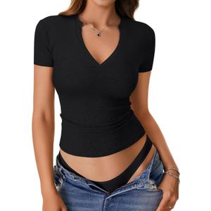 Rooscier Women's Notch V Neck Ribbed Knit Slim Fit Short Sleeve Basic T Shirts Blouse Tops (Black, M)