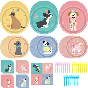 96Pcs Pet Dog Birthday Party Decorations, Disposable Puppy Themed Party Tableware Supplies with Paper Plates Napkins, Pet Dinnerware Decoration Set for Birthday Table Decor