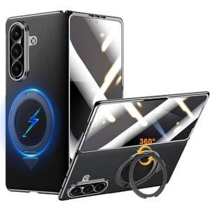 [All-in-One Design Case for Samsung Galaxy Z Fold 7: Compatible with MagSafe, Leather Back Cover with 360 Rotatable Ring Holder, Shockproof Protective Case for Fold 7 Black