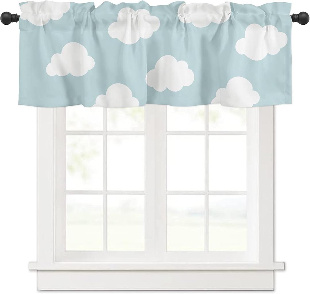 Valance Curtains for Kitchen Window, Blue White Cloud Cartoon Kids Rod Pocket Valances Window Treatments Short Curtains for Bedroom/Living Room,54" X 18" -1 Panel