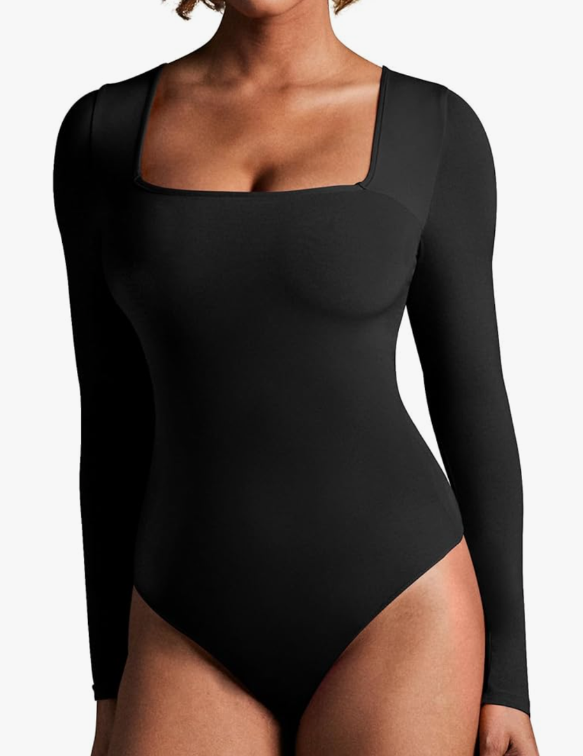 IUGA Long Sleeve Bodysuits for Women Square Neck Bodysuit Shapewear Bodysuit Tummy Control Slimming Body Suit for Womens, M, Black