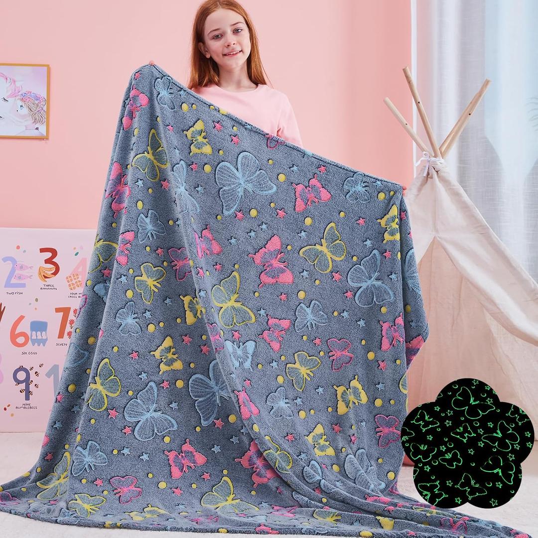 QSTEHEML Butterfly Glow in The Dark Blanket,Butterfly Gifts Toys for Kids Girls Age 3-12 Years Old, Birthday for Grandkids Soft Throw Blanket 50"×60"
