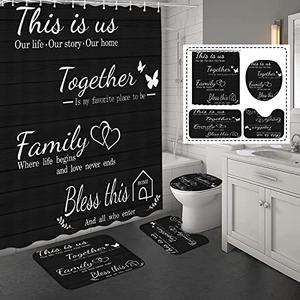 juwute 4Pcs Family Shower Curtain Sets with Non-Slip Rugs, Toilet Lid Cover and Bath Mat, Black Home Bathroom Decor Set Accessories Waterproof Shower Curtains with 12 Hooks, 72 x 72 Inch