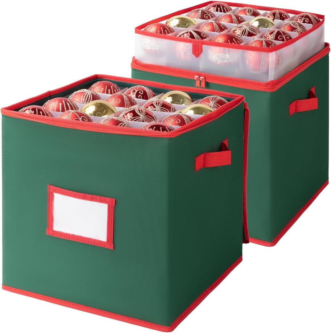 OIAHOMY 2 Pack Ornament Storage Box with Handle, Each Ornament Storage Holds 64 Balls, Christmas Decoration Box Include Plastic Trays and Zip-Lock Lid, Made of 600D Oxford Fabric - Green