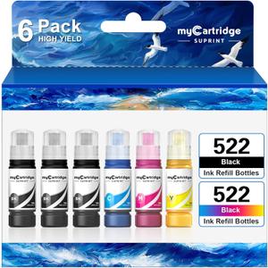 Compatible for 522 Ink Refill Bottles Replacement for Ink 522 Ultra High Capacity Black Cyan Magenta Yellow Works with EcoTank ET-2400 2720 2800 2803 2840 4700 4800 4810 Printer (6 Bottles)