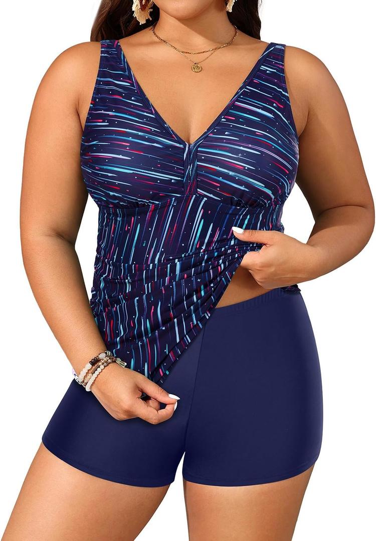 Yonique Womens Plus Size Swimsuits with Shorts Tummy Control Tankini Two Piece Bathing Suits Athletic Swimwear (Blue Colorful Galaxy)