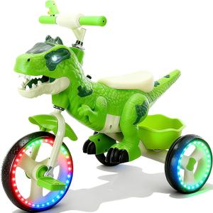 NMM Dinosaur Tricycle for Toddlers, Kids Trike with Music, LED, Tricycles for 3-5 Year Olds, for Rider, Big Wheel, Storage Basket, Horn, Toddler Bike for Boy, Dinosaur Toys for Kids 2-4 4-7