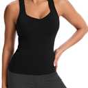 MathCat Women's Workout Tank Top with Built-in Bra, Slight V-Neck Racerback Sports Shirt, Breathable Athletic Camisole (Black) M