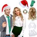 Ramede 6 Pcs 1980s Christmas Movie Couple Costume Santa Hat Ties Blonde Wig Vintage Christmas Wreath Brooch Detachable Collar Floral Layered Lace Cuff for Adults Holiday Party