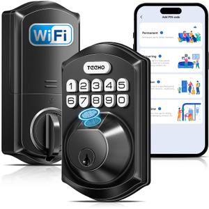 TEEHO TE012W WiFi Smart Lock, Fingerprint Door Lock with Built-in Wi-Fi, Keyless Entry Keypad Smart Deadbolt, App Remote Control, Alexa Compatible, IP55 Waterproof for Front Door Matte Black