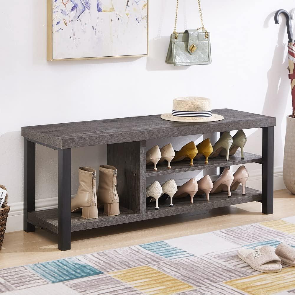 EXCEFUR Industrial Entryway Bench, Rustic Indoor Shoe Boot Storage Bench Seat for Living Room, Grey (3-Tier)