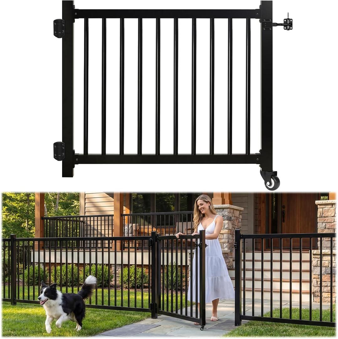 Deck Gate with Wheels, 32" x 48" Auto-Closing Outdoor Railing & Fence Gate