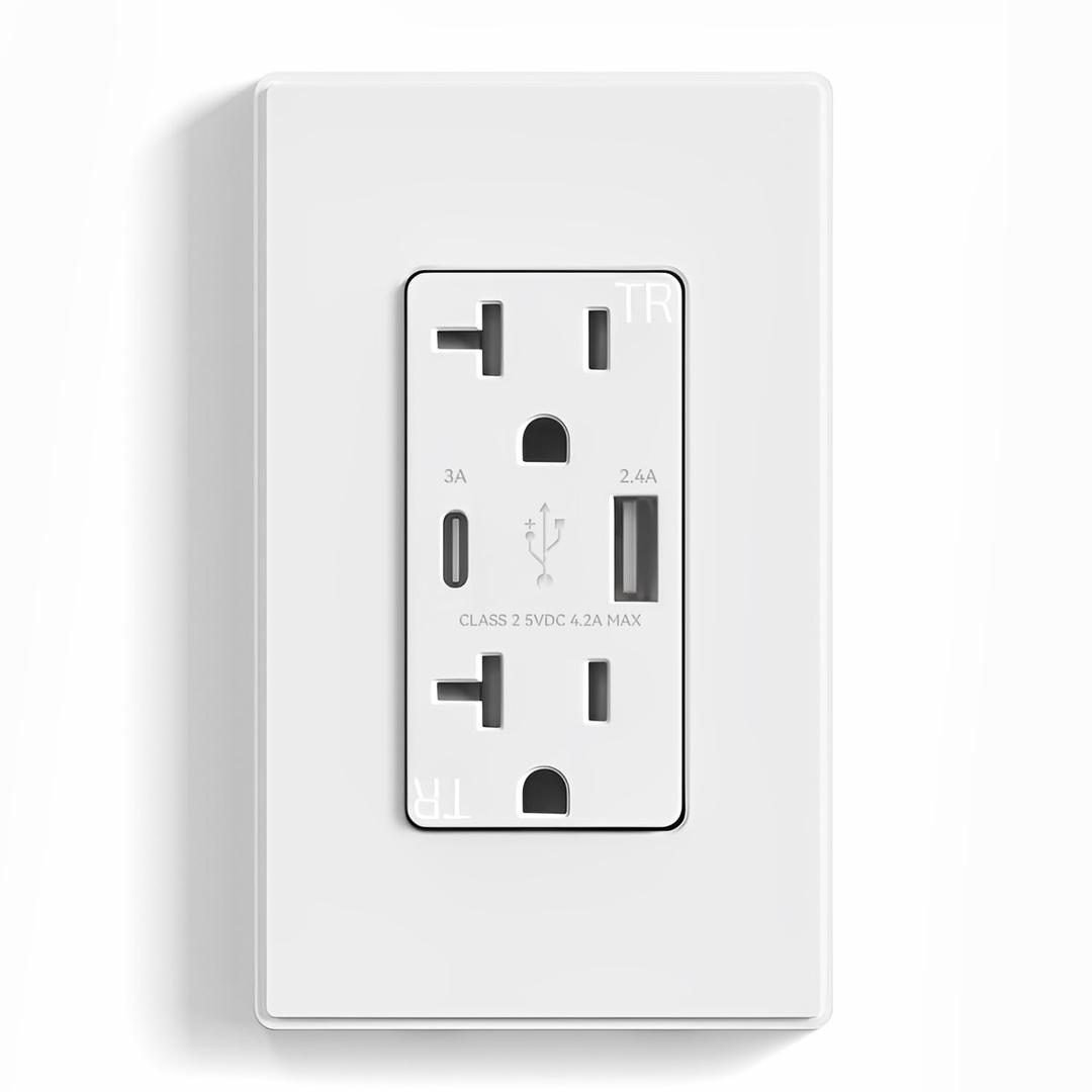 ELEGRP USB Charger Wall Outlet, USB Receptacle with Type A & Type C USB Ports, 20 Amp Duplex Tamper Resistant Receptacle Plug, Wall Plate Included, UL Listed (1 Pack, Matte White)