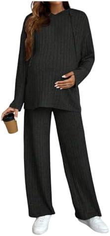 MakeMeChic Women's Maternity 2 Piece Outfits Lounge Set Ribbed Knit Long Sleeve Hoodie and Pants Pregnancy Set L