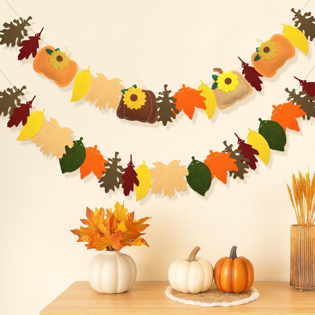 2 Pcs Thanksgiving Felt Garland 9.8 Ft/Piece Thanksgiving Leaves and Pumpkin Banner Garland Artificial Maple Felt Pumpkin with Leaves for Home Mantle Wall Banner Party Supplies